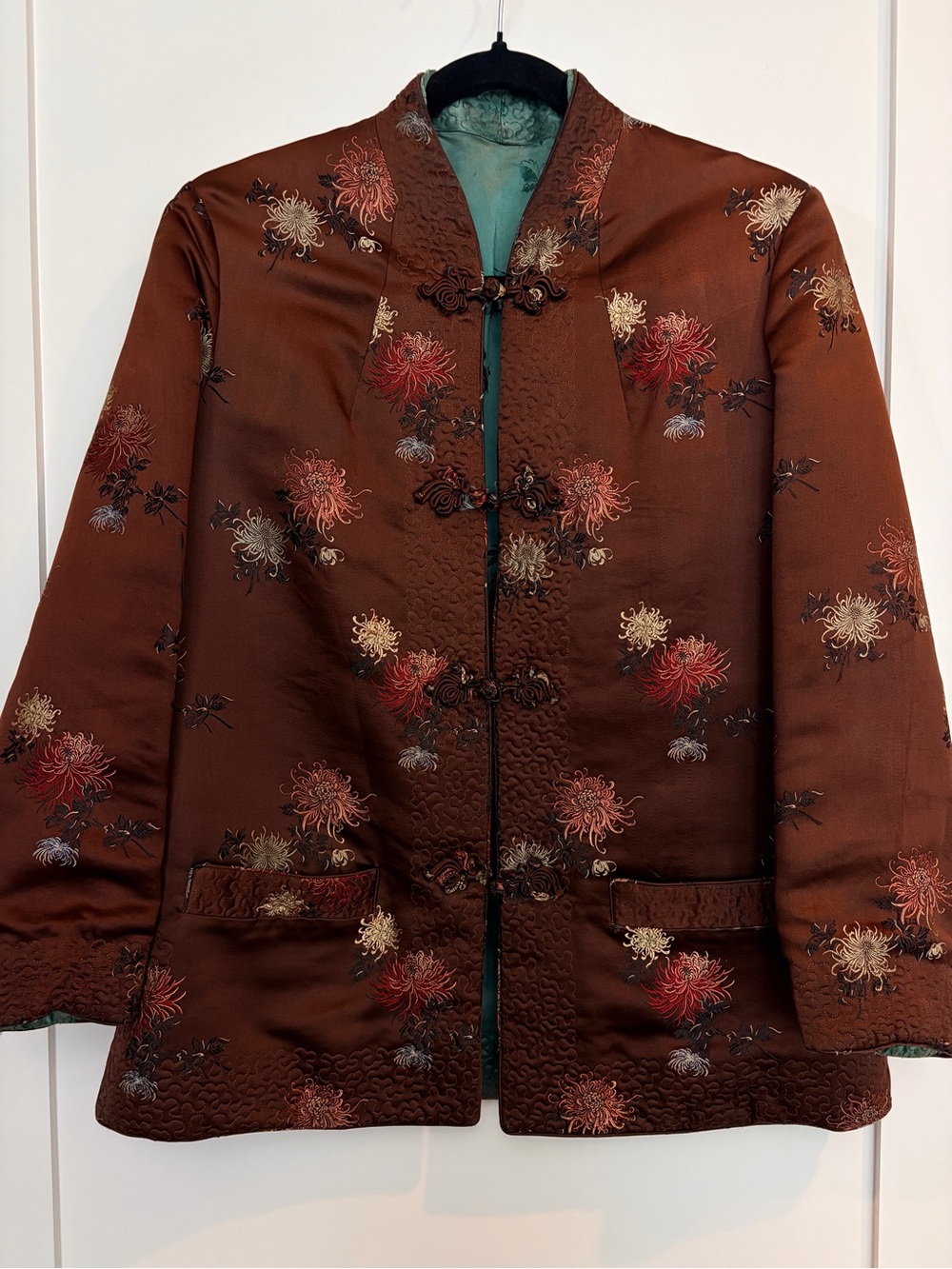 Vintage Reversible Asian Brocade Jacket Teal Brown Mandarin Style Coat
